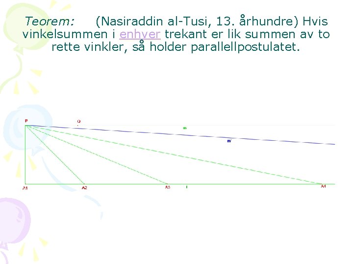 Teorem: (Nasiraddin al-Tusi, 13. århundre) Hvis vinkelsummen i enhver trekant er lik summen av