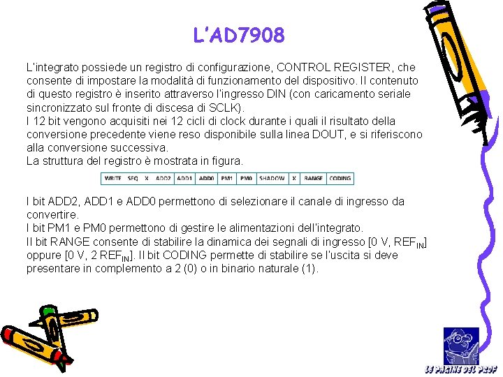 L’AD 7908 L’integrato possiede un registro di configurazione, CONTROL REGISTER, che consente di impostare