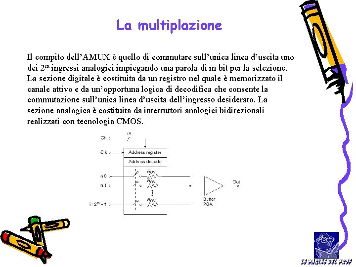 La multiplazione Il compito dell’AMUX è quello di commutare sull’unica linea d’uscita uno dei