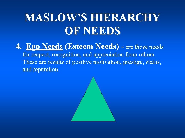 MASLOW’S HIERARCHY OF NEEDS 4. Ego Needs (Esteem Needs) - are those needs for