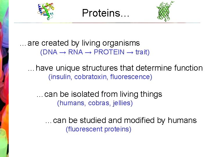 Proteins… …are created by living organisms (DNA → RNA → PROTEIN → trait) …have