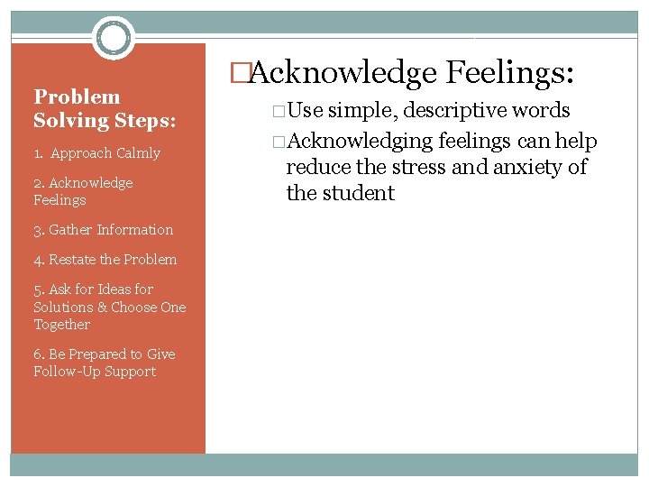 Problem Solving Steps: 1. Approach Calmly 2. Acknowledge Feelings 3. Gather Information 4. Restate