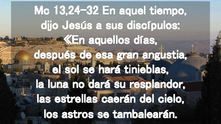 Mc 13, 24 -32 En aquel tiempo, dijo Jesús a sus discípulos: «En aquellos