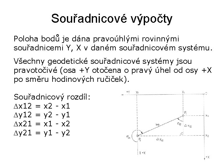 Souřadnicové výpočty Poloha bodů je dána pravoúhlými rovinnými souřadnicemi Y, X v daném souřadnicovém