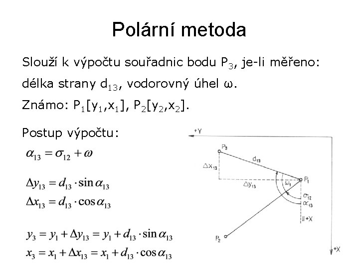 Polární metoda Slouží k výpočtu souřadnic bodu P 3, je-li měřeno: délka strany d