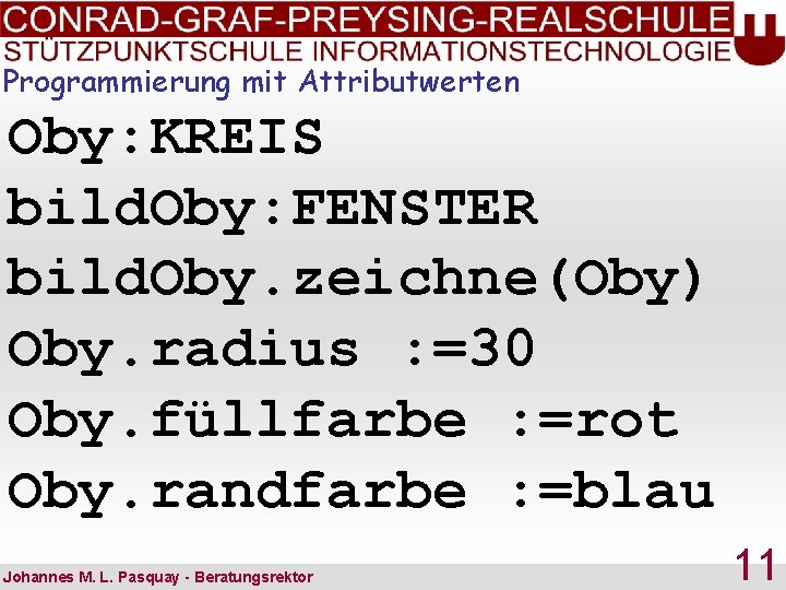 Programmierung mit Attributwerten Oby: KREIS bild. Oby: FENSTER bild. Oby. zeichne(Oby) Oby. radius :