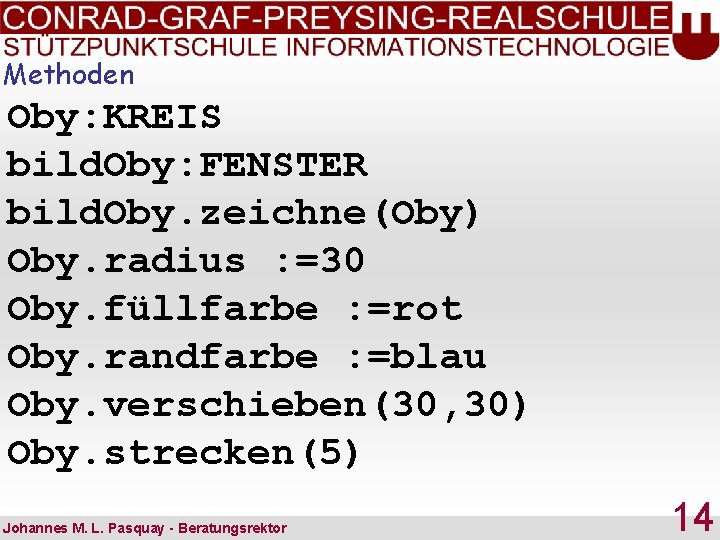 Methoden Oby: KREIS bild. Oby: FENSTER bild. Oby. zeichne(Oby) Oby. radius : =30 Oby.