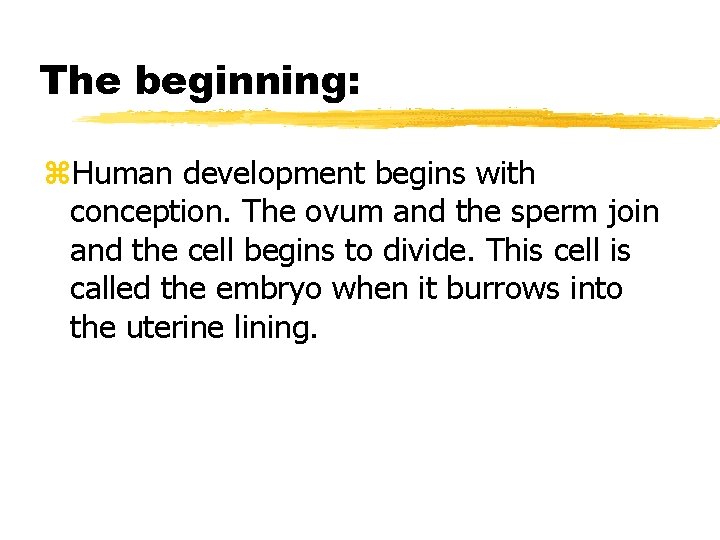 The beginning: z. Human development begins with conception. The ovum and the sperm join