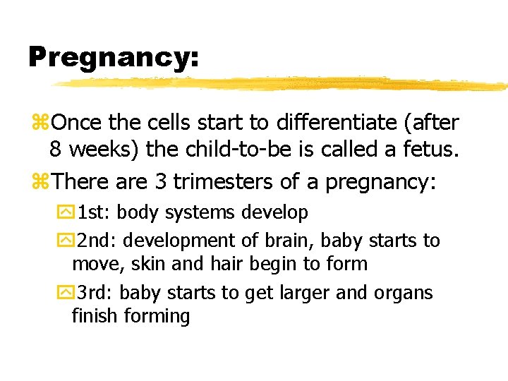 Pregnancy: z. Once the cells start to differentiate (after 8 weeks) the child-to-be is