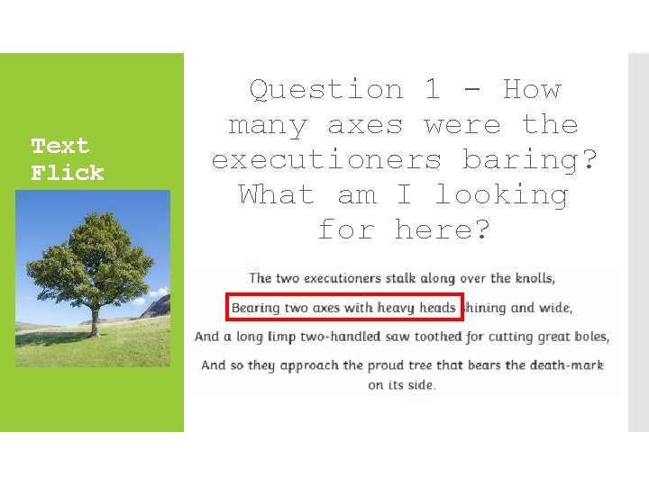 Text Flick Question 1 - How many axes were the executioners baring? What am