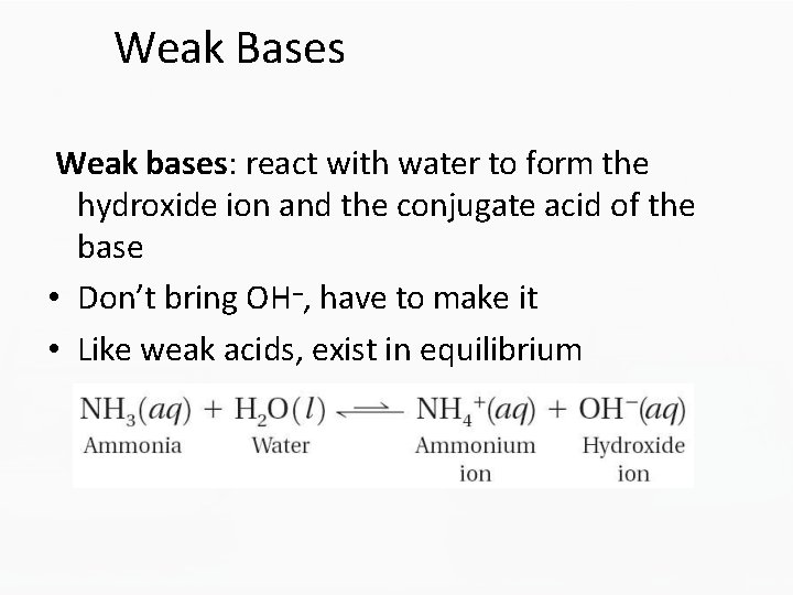 Weak Bases Weak bases: react with water to form the hydroxide ion and the