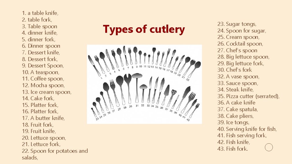 1. a table knife, 2. table fork, 3. Table spoon 4. dinner knife, 5.