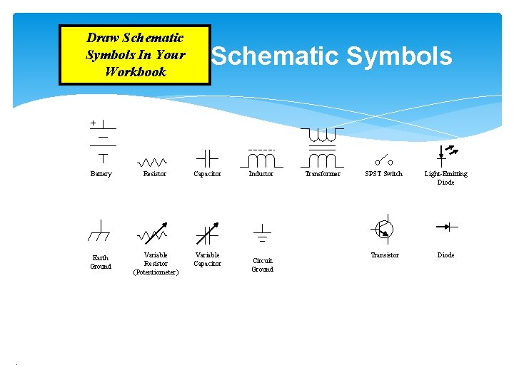 Draw Schematic Symbols In Your Workbook Schematic Symbols + . Battery Resistor Capacitor Earth