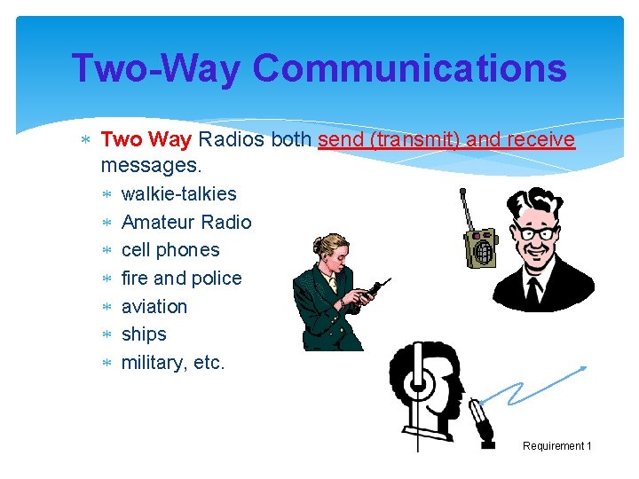 Two-Way Communications Two Way Radios both send (transmit) and receive messages. walkie-talkies Amateur Radio