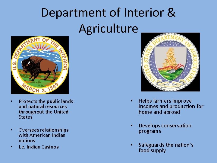 Department of Interior & Agriculture • • • Protects the public lands and natural