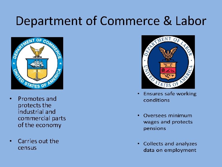 Department of Commerce & Labor • Promotes and protects the industrial and commercial parts
