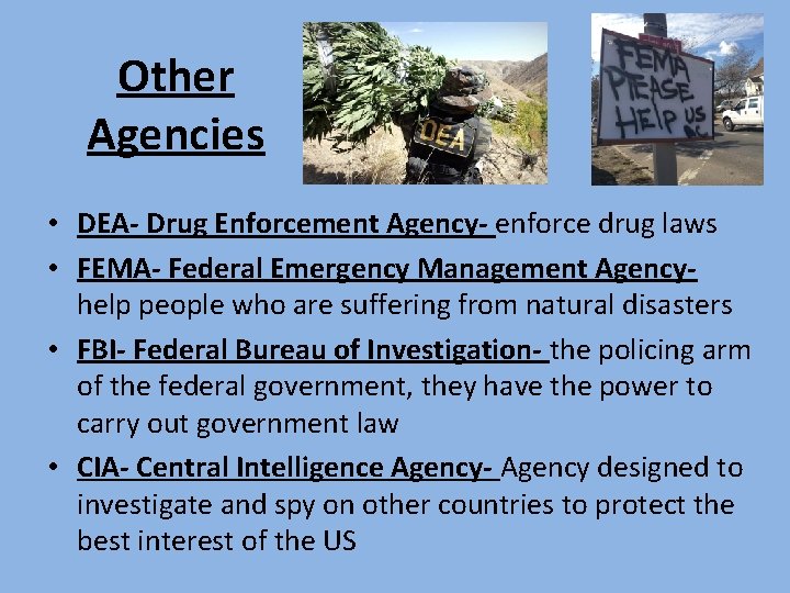 Other Agencies • DEA- Drug Enforcement Agency- enforce drug laws • FEMA- Federal Emergency