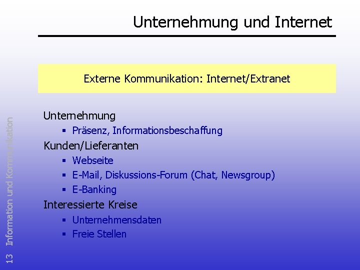Unternehmung und Internet 13 Information und Kommunikation Externe Kommunikation: Internet/Extranet Unternehmung § Präsenz, Informationsbeschaffung