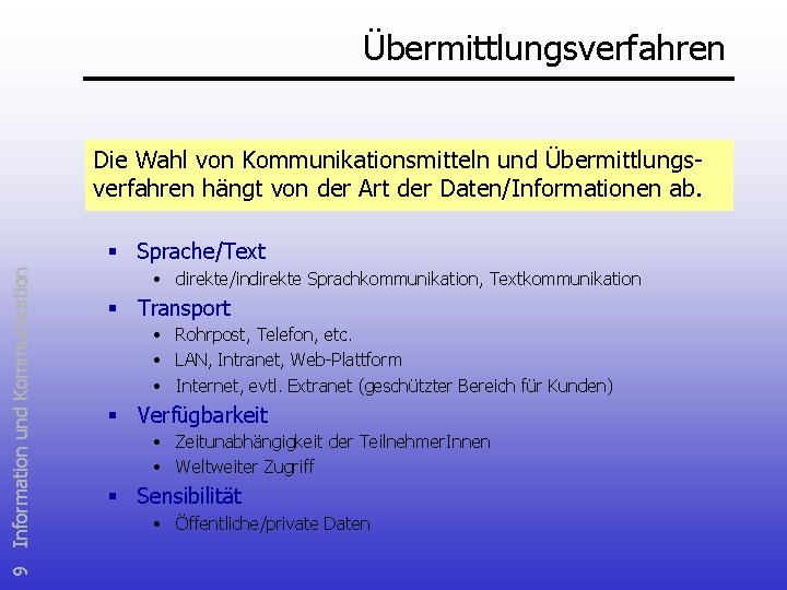 Übermittlungsverfahren Die Wahl von Kommunikationsmitteln und Übermittlungsverfahren hängt von der Art der Daten/Informationen ab.