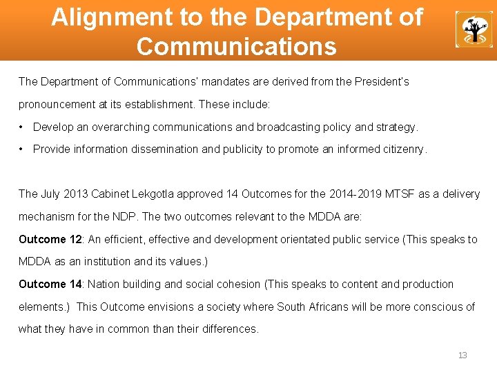 Alignment to the Department of Communications The Department of Communications’ mandates are derived from