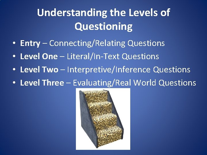 Understanding the Levels of Questioning • • Entry – Connecting/Relating Questions Level One –