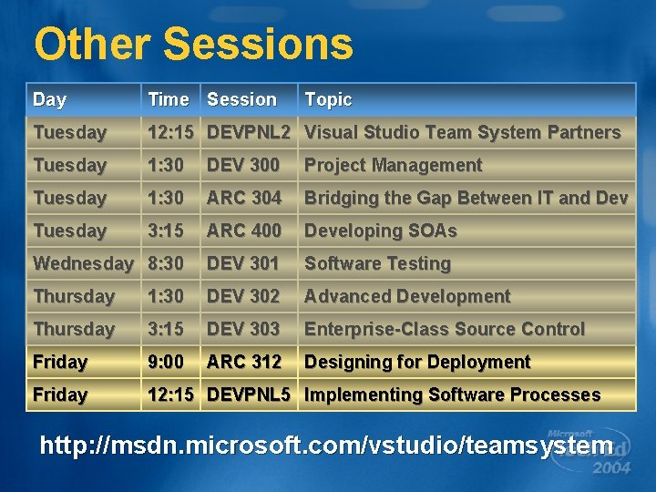 Other Sessions Day Time Session Topic Tuesday 12: 15 DEVPNL 2 Visual Studio Team