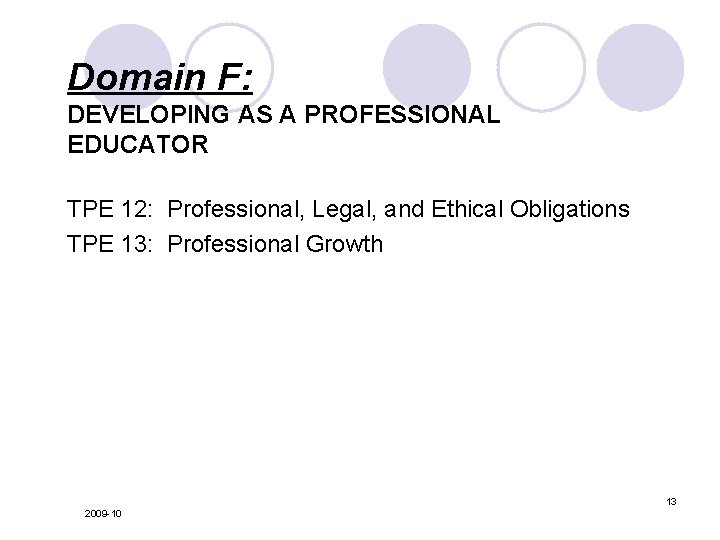 Domain F: DEVELOPING AS A PROFESSIONAL EDUCATOR TPE 12: Professional, Legal, and Ethical Obligations