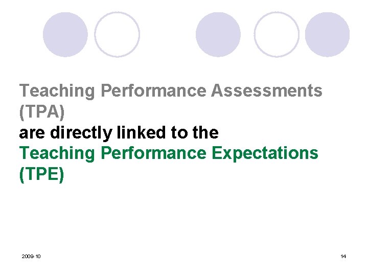 Teaching Performance Assessments (TPA) are directly linked to the Teaching Performance Expectations (TPE) 2009