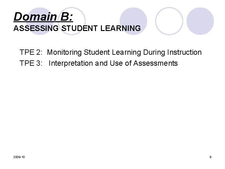 Domain B: ASSESSING STUDENT LEARNING TPE 2: Monitoring Student Learning During Instruction TPE 3: