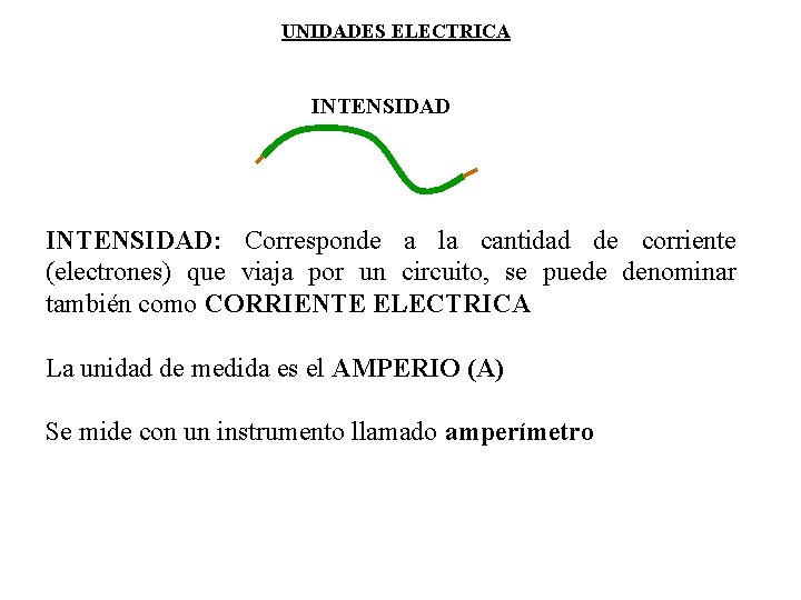 UNIDADES ELECTRICA INTENSIDAD: Corresponde a la cantidad de corriente (electrones) que viaja por un