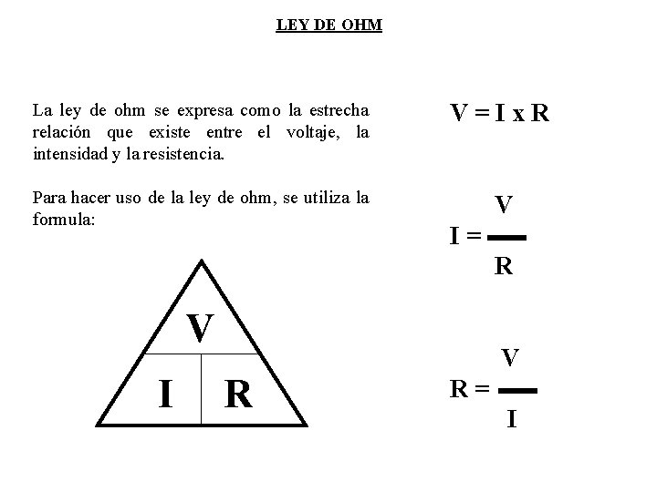 LEY DE OHM La ley de ohm se expresa como la estrecha relación que