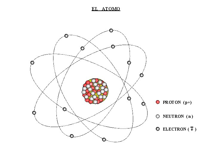 EL ATOMO PROTON ( p+) NEUTRON ( n ) ELECTRON ( e ) 