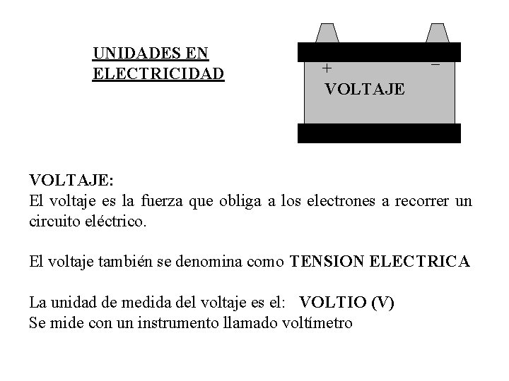 UNIDADES EN ELECTRICIDAD + VOLTAJE _ VOLTAJE: El voltaje es la fuerza que obliga