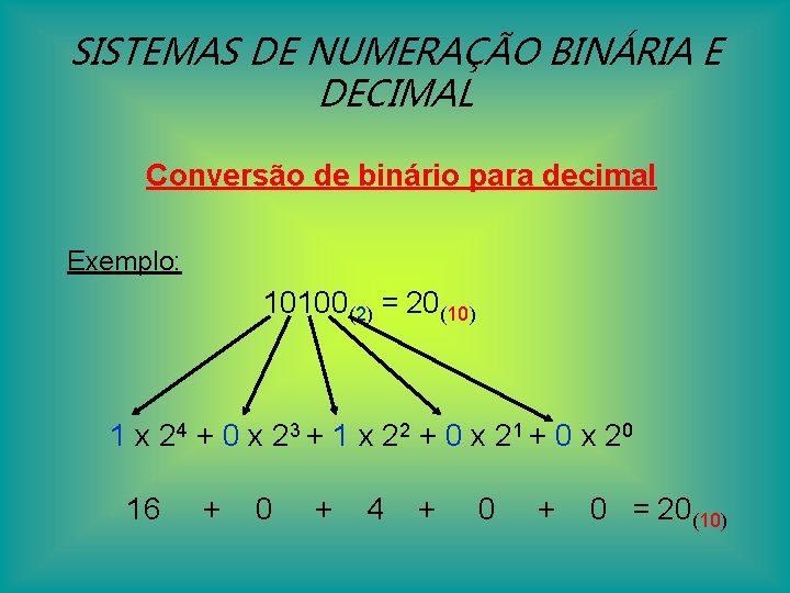 SISTEMAS DE NUMERAÇÃO BINÁRIA E DECIMAL Conversão de binário para decimal Exemplo: 10100(2) =