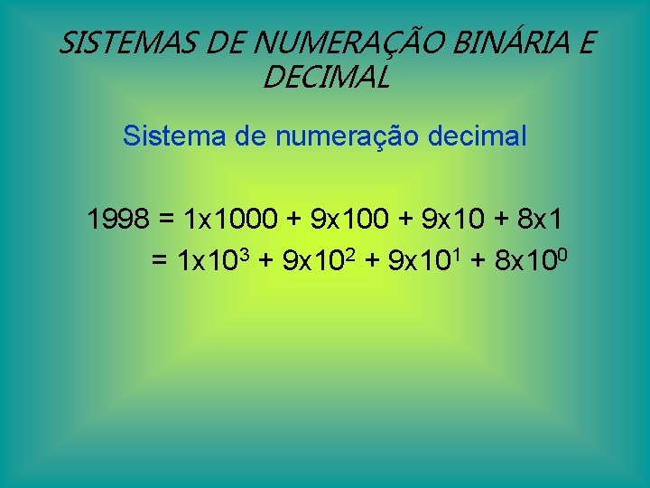 SISTEMAS DE NUMERAÇÃO BINÁRIA E DECIMAL Sistema de numeração decimal 1998 = 1 x