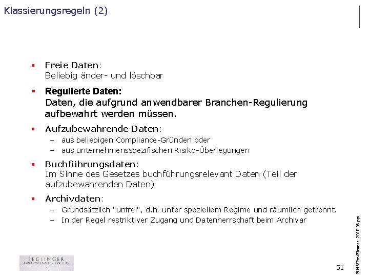 Klassierungsregeln (2) § Freie Daten: Beliebig änder- und löschbar § Regulierte Daten: Daten, die