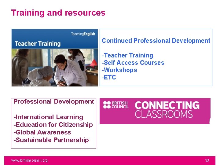 Training and resources Continued Professional Development -Teacher Training -Self Access Courses -Workshops -ETC Professional