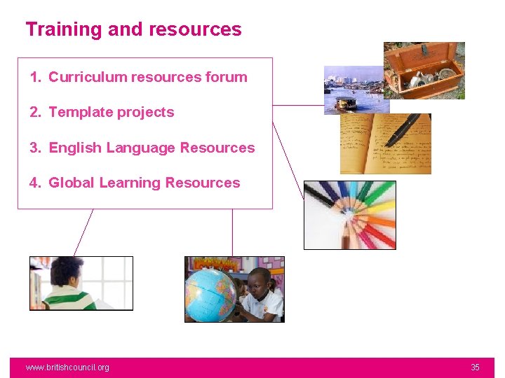 Training and resources 1. Curriculum resources forum 2. Template projects 3. English Language Resources