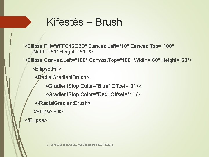 Kifestés – Brush <Ellipse Fill="#FFC 42 D 2 D" Canvas. Left="10" Canvas. Top="100" Width="60"