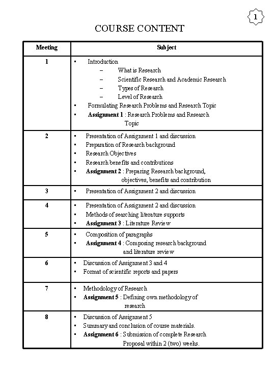 1 COURSE CONTENT Meeting 1 Subject • • • Introduction – What is Research