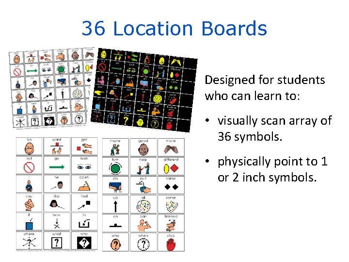 36 Location Boards Designed for students who can learn to: • visually scan array