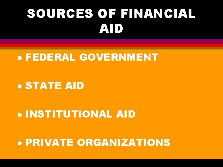 SOURCES OF FINANCIAL AID l FEDERAL GOVERNMENT l STATE AID l INSTITUTIONAL AID l