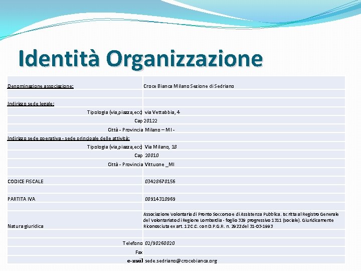 Identità Organizzazione Denominazione associazione: Croce Bianca Milano Sezione di Sedriano Indirizzo sede legale: Tipologia