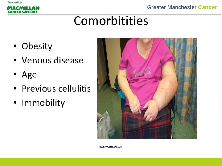 Greater Manchester Cancer Comorbitities • • • Obesity Venous disease Age Previous cellulitis Immobility