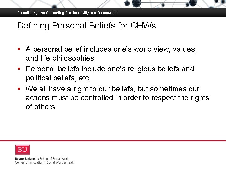Establishing and Supporting Confidentiality and Boundaries Defining Personal Beliefs for CHWs Boston University Slideshow