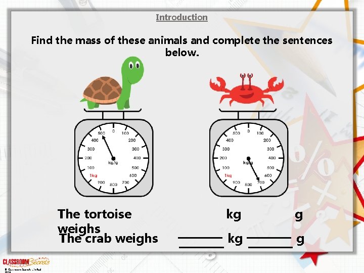 Introduction Find the mass of these animals and complete the sentences below. The tortoise