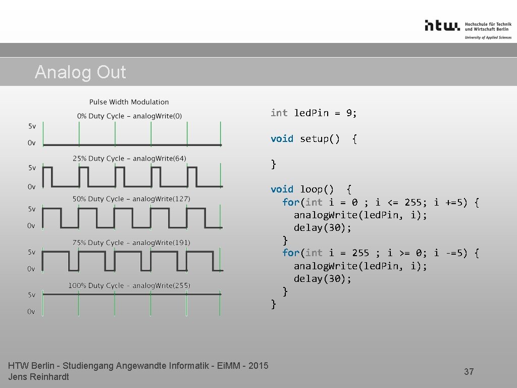 Analog Out int led. Pin = 9; void setup() { } void loop() {