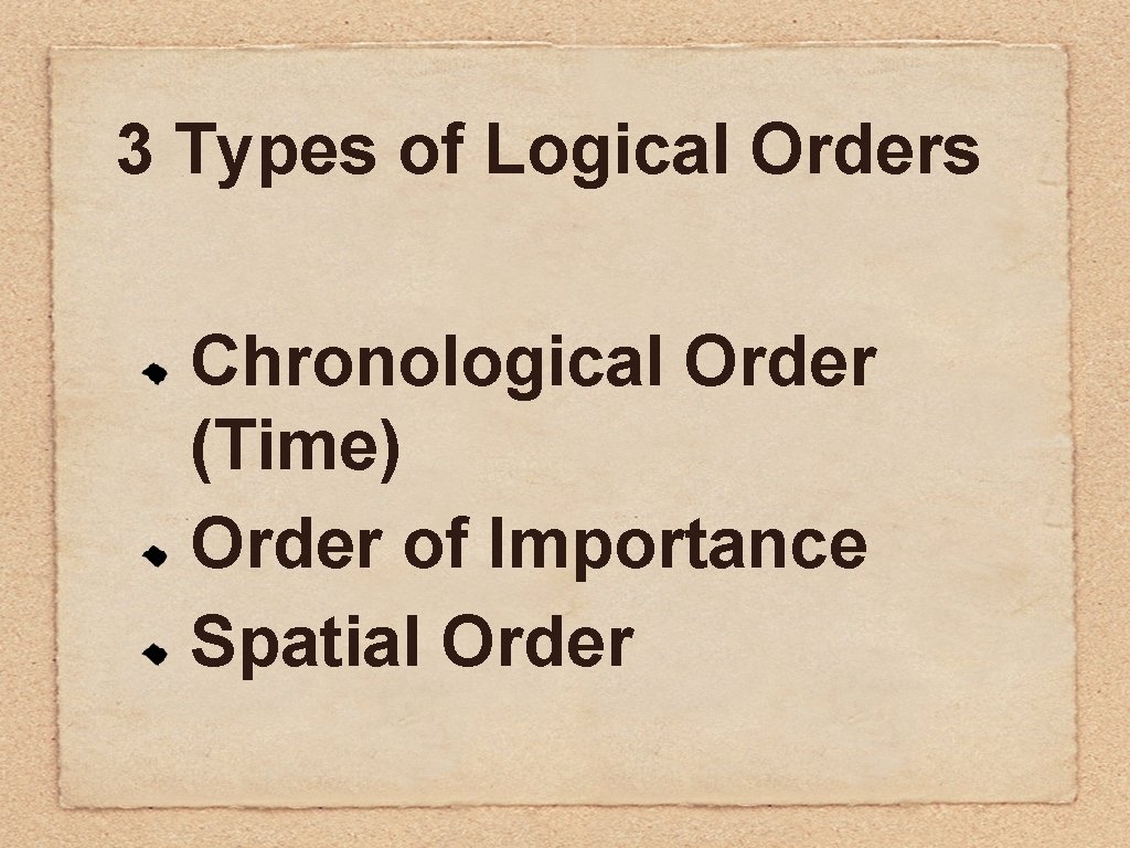 3 Types of Logical Orders Chronological Order (Time) Order of Importance Spatial Order 3 Types of Logical Orders Chronological Order (Time) Order of Importance Spatial Order