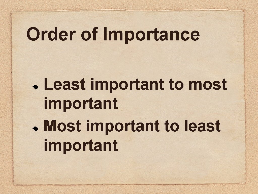 Order of Importance Least important to most important Most important to least important Order of Importance Least important to most important Most important to least important