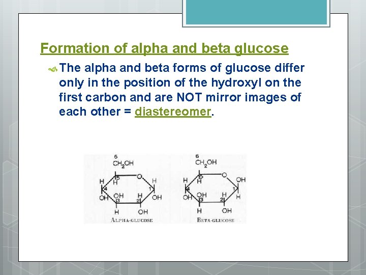 Formation of alpha and beta glucose The alpha and beta forms of glucose differ